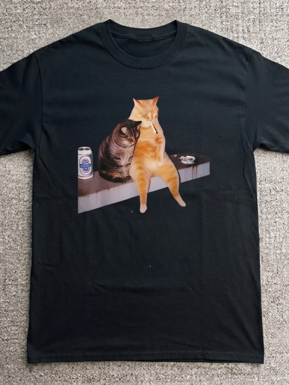 Gildan Black Tee with Graphic Cats and Beer Can